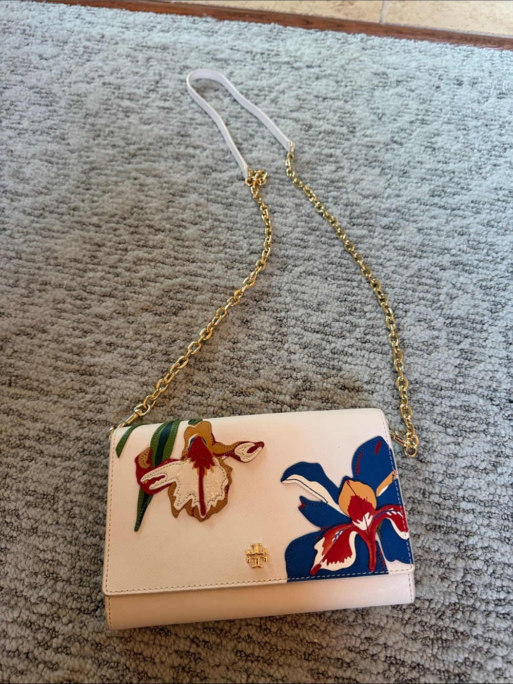 Tory Burch Cream Leather Floral Appliqué Chain Crossbody